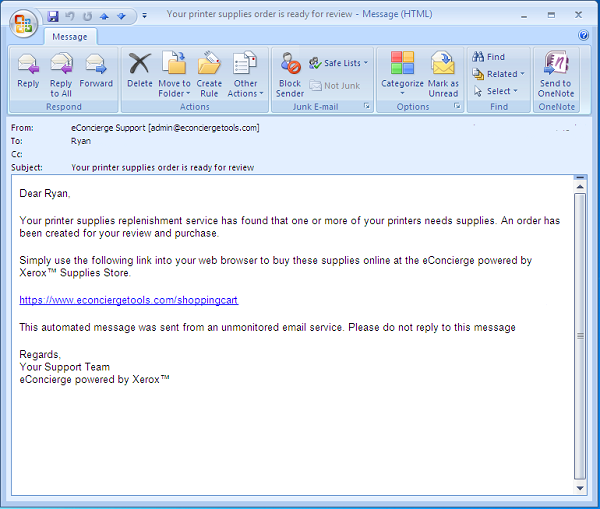 Xerox eConcierge Email Notification